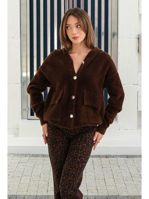 Kapüşonlu Bağcık Detaylı Angora Görünümlü Oversize Ceket Kahve Kapüşonlu Bağcık Detaylı Angora Görünümlü Oversize Ceket Kahve