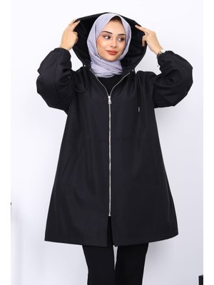 Siyah Kapüşonlu Arkası Nakışlı Trençkot Siyah Kapüşonlu Arkası Nakışlı Trençkot