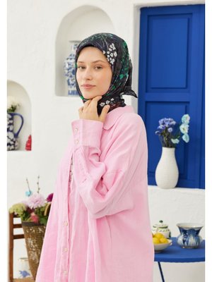 Lacivert Botanic Desen Pamuk Vual Eşarp