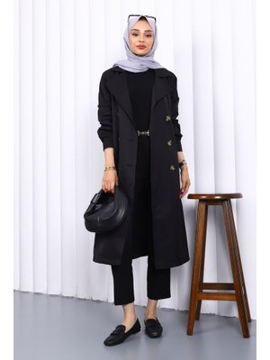 Siyah Kruvaze Yaka Düğmeli Trençkot Siyah Kruvaze Yaka Düğmeli Trençkot