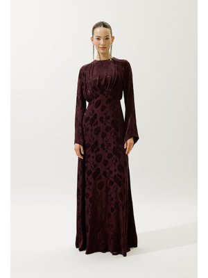 Bordo Jakarlı Saten Abiye Elbise Bordo Jakarlı Saten Abiye Elbise