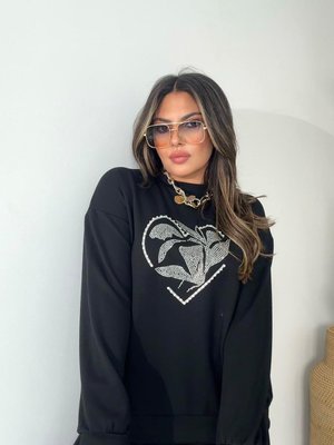 Siyah Taşlı Yaprak Desen Sweatshirt Siyah Taşlı Yaprak Desen Sweatshirt