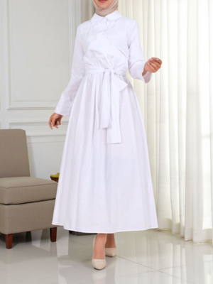 Beyaz Çapraz Düğmeli Beli Bağlamalı Yaka Gömlek Elbise Beyaz Çapraz Düğmeli Beli Bağlamalı Yaka Gömlek Elbise