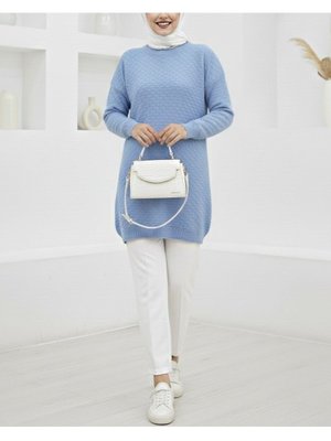 Açık Mavi Yuvarlak Yaka Kabartma Desen Kolu Lastikli Triko Tunik