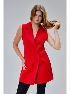 Kırmızı Uzun Kruvaze Dokuma Yelek
