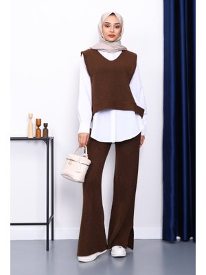 Kahverengi Gömlekli Üçlü Triko Takım Kahverengi Gömlekli Üçlü Triko Takım