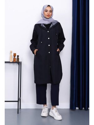 Lacivert Kapüşonlu Düğme Detaylı Trençkot Lacivert Kapüşonlu Düğme Detaylı Trençkot