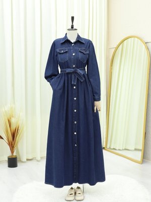 Laci Cepli Kemerli Boydan Düğmeli Kot Elbise