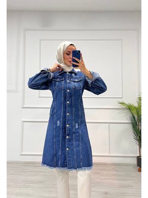 Mavi Kot Tunik Püskül Detaylı Çift Cepli Denim Ceket