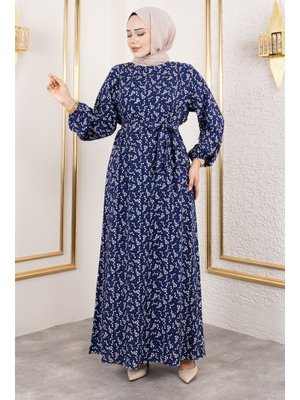 Lacivert Küçük Çiçek Desenli Viskon Elbise