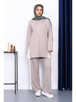 Açık Vizon Renk Bloklu Modal Tunik Pantolonlu Takım Açık Vizon Renk Bloklu Modal Tunik Pantolonlu Takım