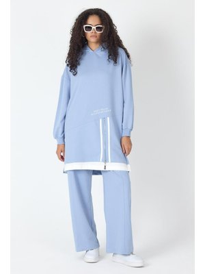 İndigo Etek Süpremli Baskı Detaylı Fermuar Kapamalı Kapüşonlu Pamuklu Örme Alt Üst Takım