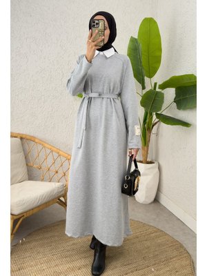 Gri İki İplik Kuşaklı Elbise Gri İki İplik Kuşaklı Elbise