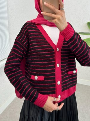 Vişne Düğmeli Cep Detaylı İnce Çizgili Triko Hırka