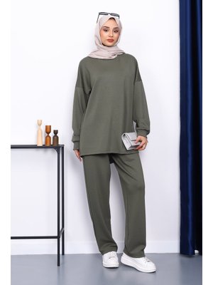 Haki Bisiklet Yaka Tunik Pantolonlu Takım