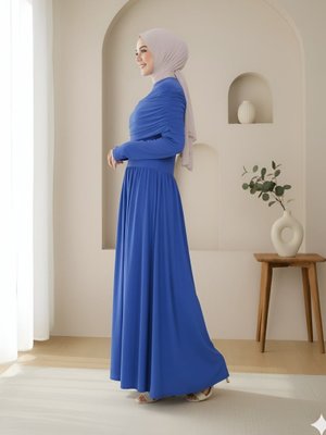 Saks Pile Detaylı Uzun Sandy Elbise