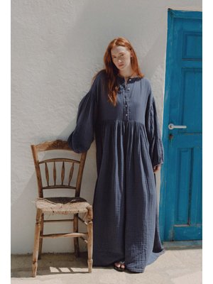İndigo Müslin Düğmeli Rahat Elbise İndigo Müslin Düğmeli Rahat Elbise