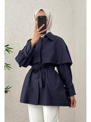 Lacivert Panço Detaylı Trençkot
