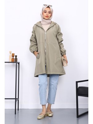 Haki Kapüşonlu Arkası Nakışlı Trençkot Haki Kapüşonlu Arkası Nakışlı Trençkot
