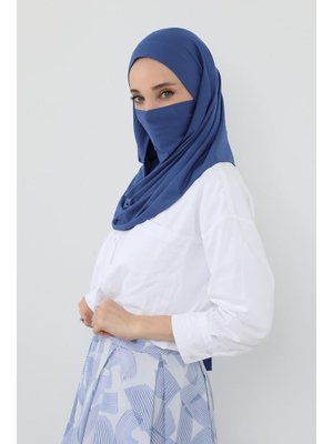 İndigo Boyun Kapatan Peçe Özellikli Penye Boneli Şal,ps