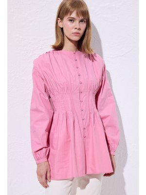 Pembe Beli Pile Detaylı Uzun Kol Bluz