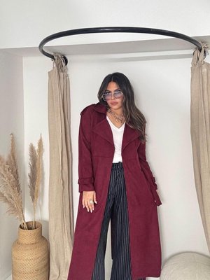 Bordo Güderi Kuşaklı Trençkot Bordo Güderi Kuşaklı Trençkot