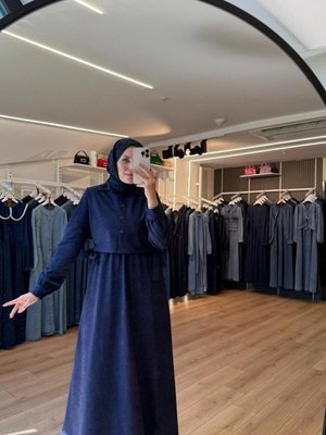 Lacivert Yanları Bağlamalı Yelekli Süet Elbise