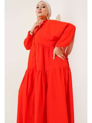 Turuncu Hakim Yaka Yarım Düğmeli Patlı Elbise