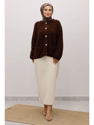 Acı Kahve Yumuşak Dokulu Düğmeli Triko Hırka