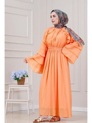 Turuncu Fırfır Detaylı Lora Elbise Turuncu Fırfır Detaylı Lora Elbise