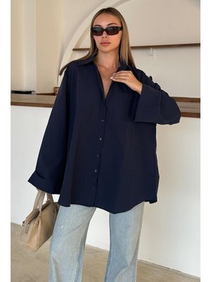 Lacivert İspanyol Kol Salaş Pamuklu Gömlek Lacivert İspanyol Kol Salaş Pamuklu Gömlek