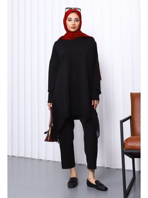 Siyah Bisiklet Yaka Tül Detaylı Tunik