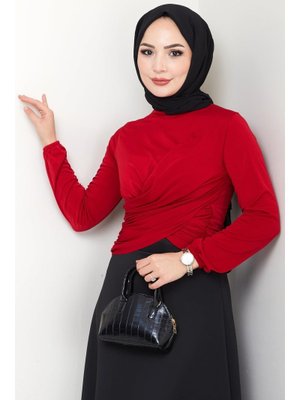 Kırmızı Bisiklet Yaka Büzgülü Sandy Bluz Kırmızı Bisiklet Yaka Büzgülü Sandy Bluz