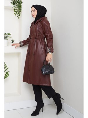 Kapüşonlu Fermuarlı Şardonlu Deri Bordo Kap