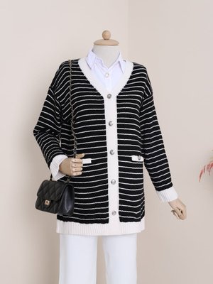 Siyah Cep Detaylı Düğmeli Çizgili Hırka