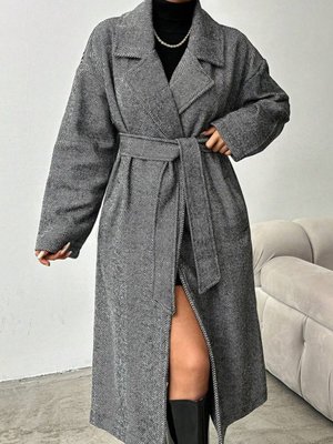 Siyah Balıksırtı Desenli Kemerli Uzun Kaşe Kaban