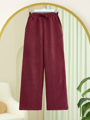 Bordo Beli Lastikli Bağcık Detaylı Cepli Bol Paça Tensel Pantolon