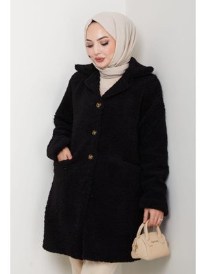 Kürk Kumaş Astarlı Düğmeli Siyah Cepli Kaban