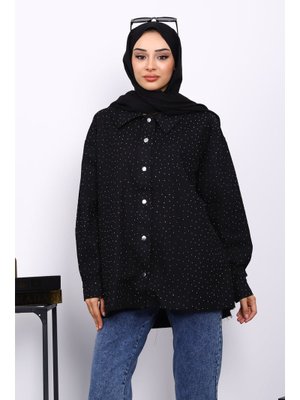 Siyah Taşlı Gabardin Gömlek Siyah Taşlı Gabardin Gömlek