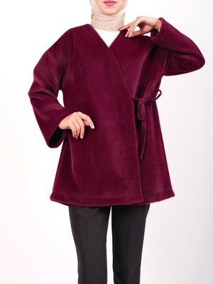 Bordo Yandan Bağlamalı Kürklü Ceket Bordo Yandan Bağlamalı Kürklü Ceket