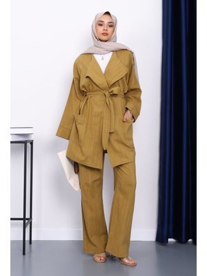 Yağ Yeşili Bel Kuşaklı Keten Kimono Pantolonlu Takım Yağ Yeşili Bel Kuşaklı Keten Kimono Pantolonlu Takım