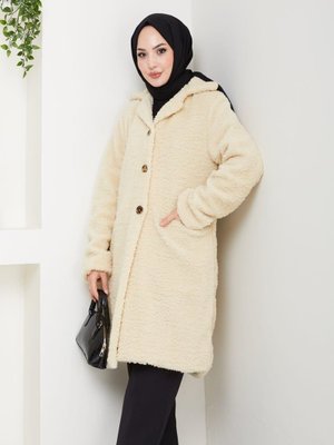 Kürk Kumaş Astarlı Düğmeli Bej Cepli Kaban