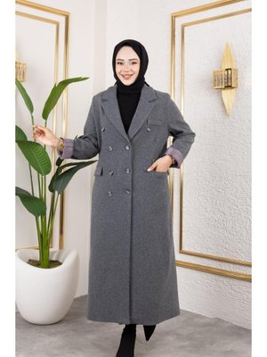 Astarlı Düğmeli Cepli Uzun Antrasit Kaşe kaban