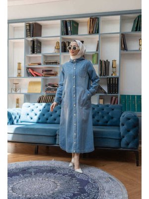 Mavi Taşlı Denim Kapüşonlu Kap