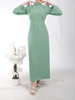 Su Yeşili Hakim Yaka Belden Bağlamalı Elbise