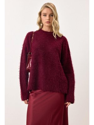 Bordo Oversize Tüylü Soft Kazak