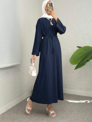 Laci Beli Bağlamalı Arkası Fermuarlı Keten Elbise