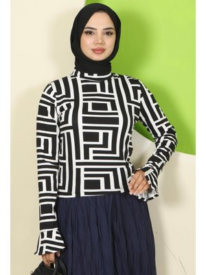 Beyaz Labirent Desen Manşeti Volanlı Bisiklet Yaka Body Beyaz Labirent Desen Manşeti Volanlı Bisiklet Yaka Body