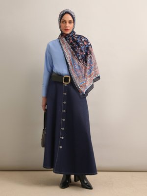 Koyu Mavi Önden Düğmeli Denim Etek Koyu Mavi Önden Düğmeli Denim Etek