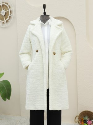 Ekru Çift Düğmeli Astarlı Yan Cepli Peluş Kaban